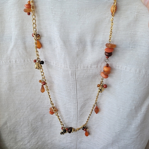 33" Necklace with Tiny Elephants and Frosted Beads. Sunset Colors. Light Weight. - Picture 8 of 11